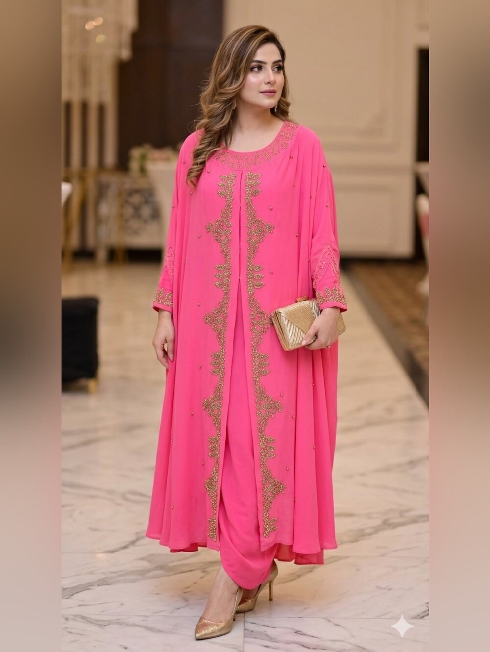 Elegant Pink Gold Embroidered Abaya Kaftan Maxi Dress Boutique (Size 56)